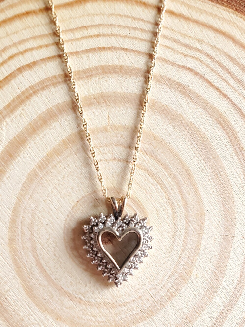 Vtg. Vermeil Sterling Silver Round Cut Diamond Heart Pendant Necklace by "HN"